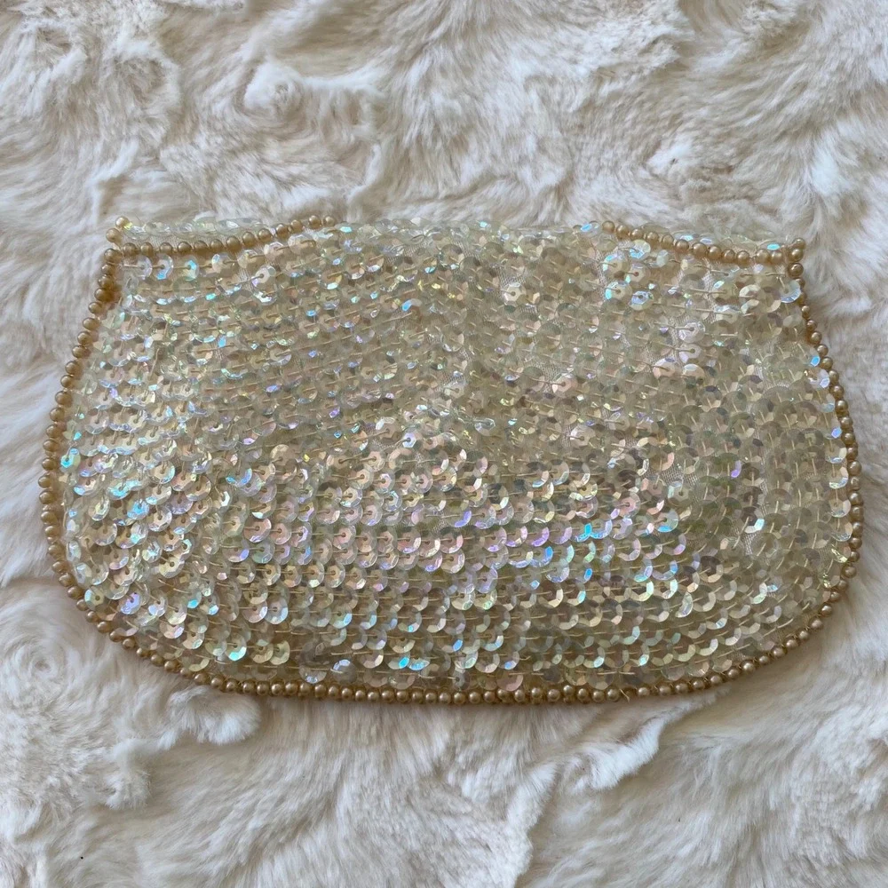 Vintage Miranda Clutch Cream Iridescent Sequin Faux Pearl Beaded Japan Retro